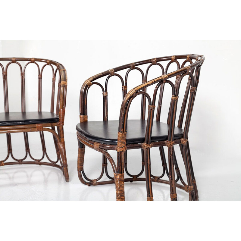 Suite de 2 fauteuils vintage en rotin et skai par Rohé Noordwolde