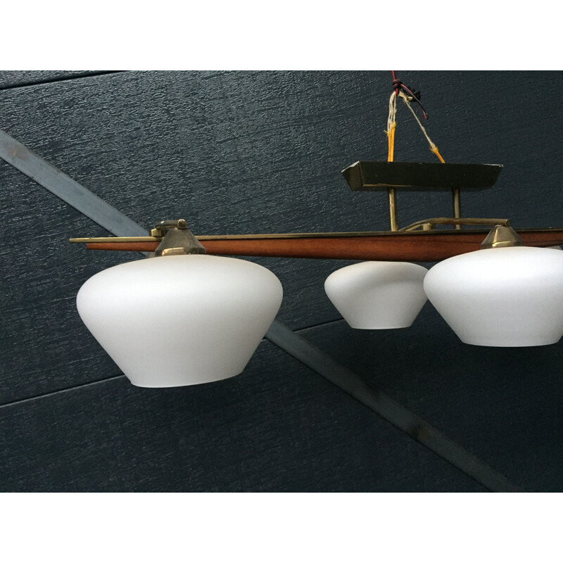 French vintage Arlus hanging lamp in brass and opaline 1930