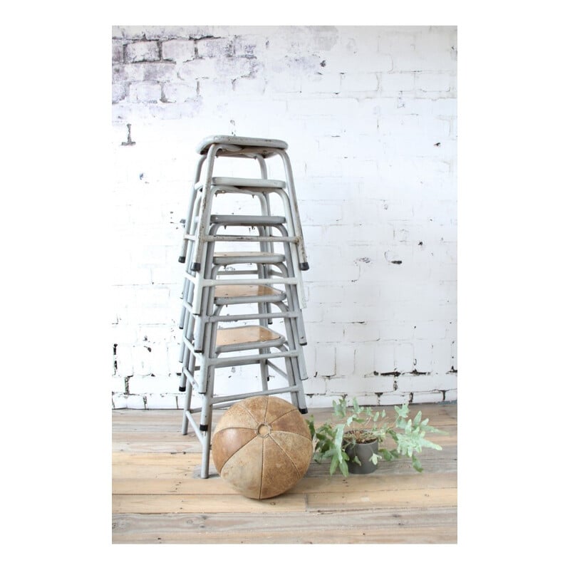 Set of 6 vintage french stools in wood and metal 1960