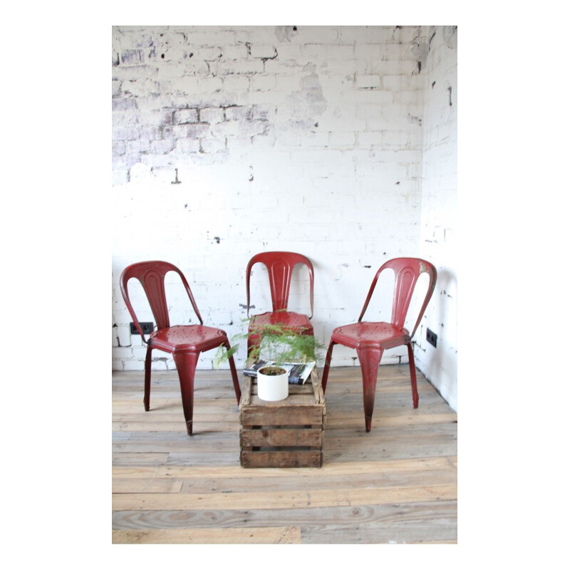 Set of 3 industrial chairs in red metal 1950