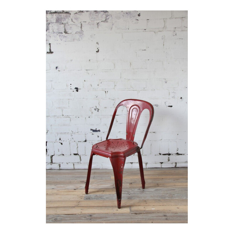 Ensemble de 3 chaises industrielles en métal rouge 1950