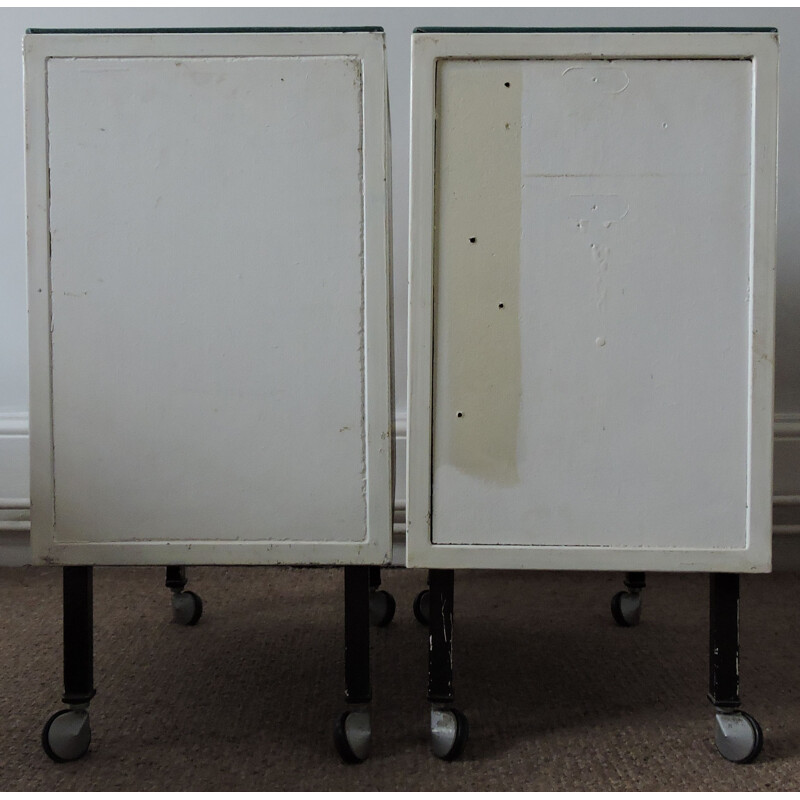 Set of 2 vintage bedside tables in wood and white metal 1970