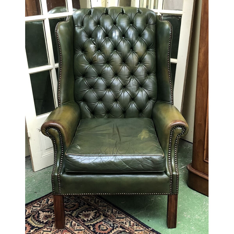 Vintage Chesterfield armchair in green leather and wood 1970