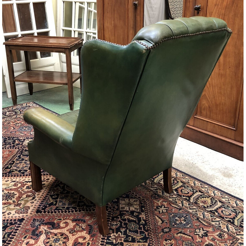 Vintage Chesterfield armchair in green leather and wood 1970