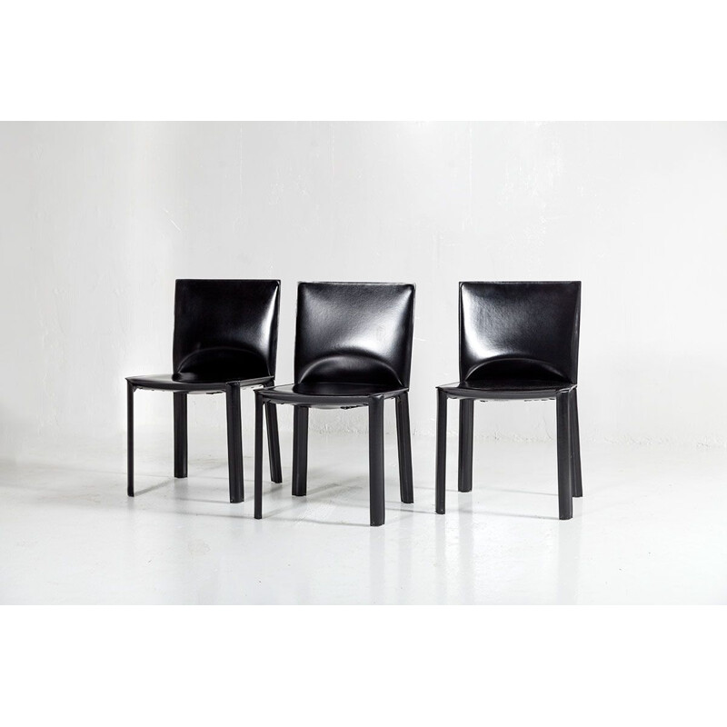 3 Vintage Esszimmerstühle aus schwarzem Leder von De Couro,1980