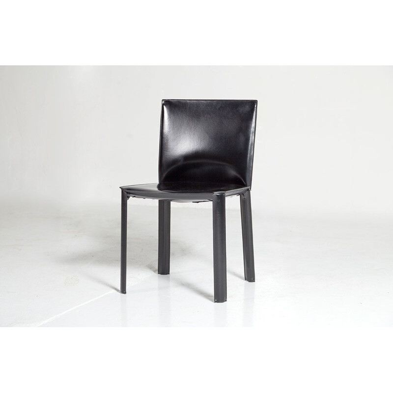 3 chaises à repas vintage en cuir noir De Couro,1980
