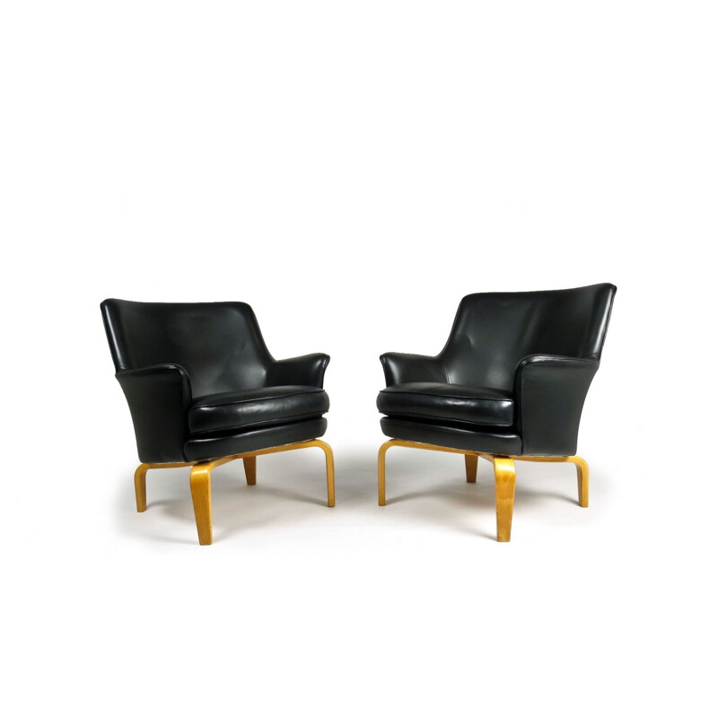 Pair of vintage black leather armchairs by Arne Norell,Sweden,1960