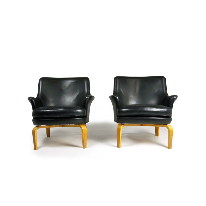 Pair of vintage black leather armchairs by Arne Norell,Sweden,1960