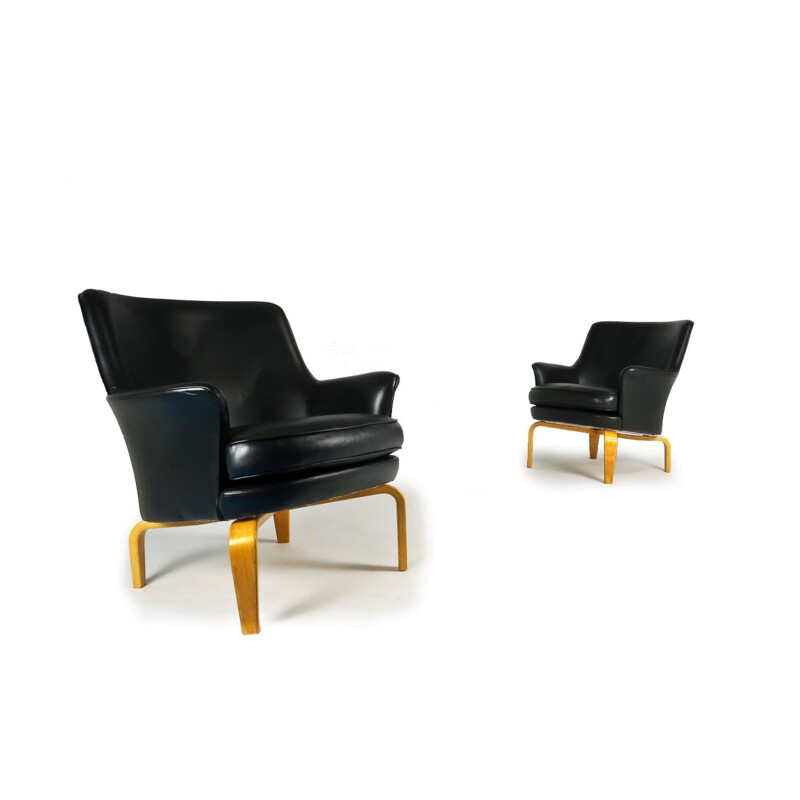 Pair of vintage black leather armchairs by Arne Norell,Sweden,1960