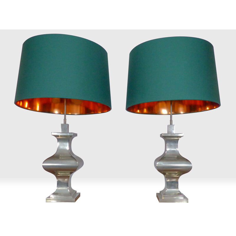 Pair of vintage neoclassical silver plated lamps, 1970