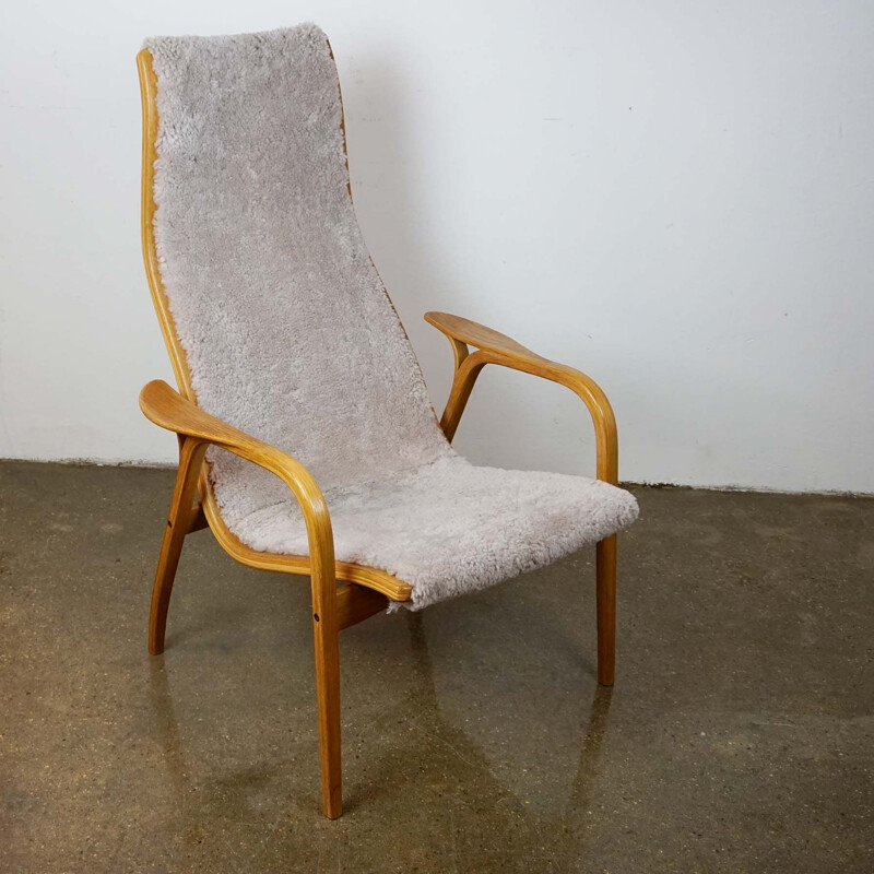 Vintage armchair oak and grey sheepskin Lamino by Yngve Ekström Sweden