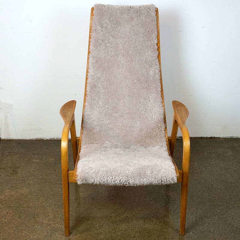 Vintage armchair oak and grey sheepskin Lamino by Yngve Ekström Sweden