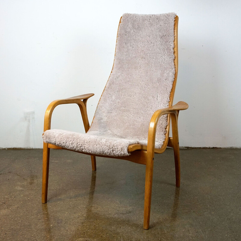 Vintage armchair oak and grey sheepskin Lamino by Yngve Ekström Sweden