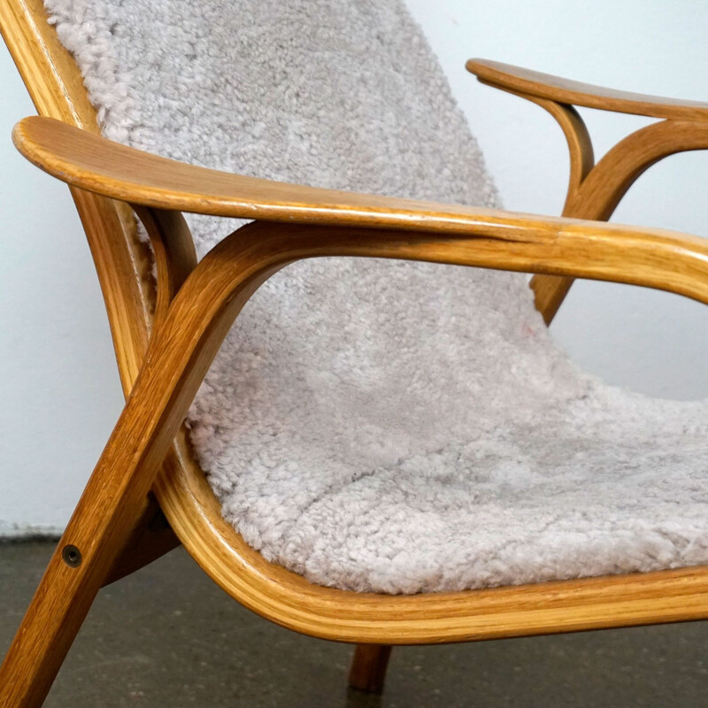 Vintage armchair oak and grey sheepskin Lamino by Yngve Ekström Sweden