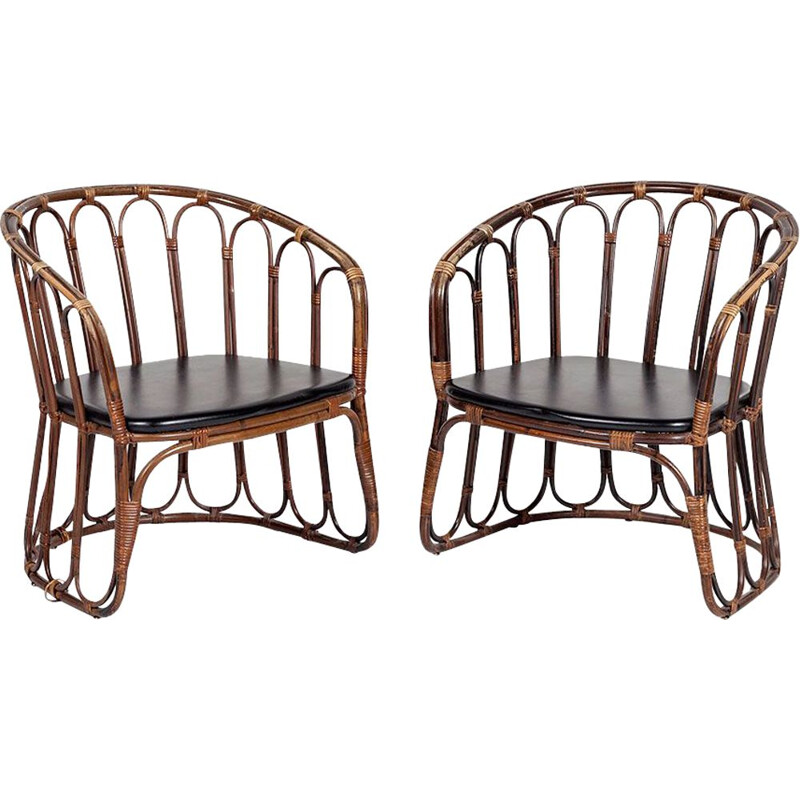 Set of 2 vintage rattan and skai armchairs from Rohé Noordwolde