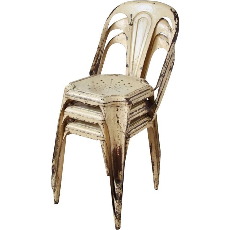 Set of 3 industrial chairs in beige metal 1950