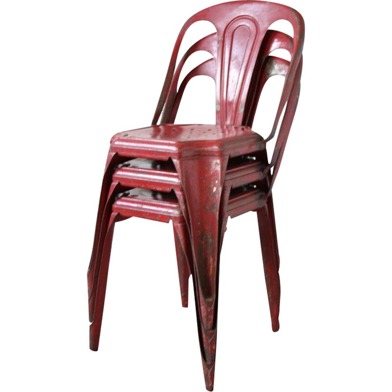 Set of 3 industrial chairs in red metal 1950