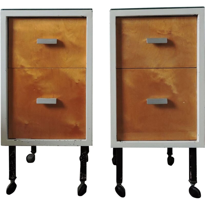 Set of 2 vintage bedside tables in wood and white metal 1970
