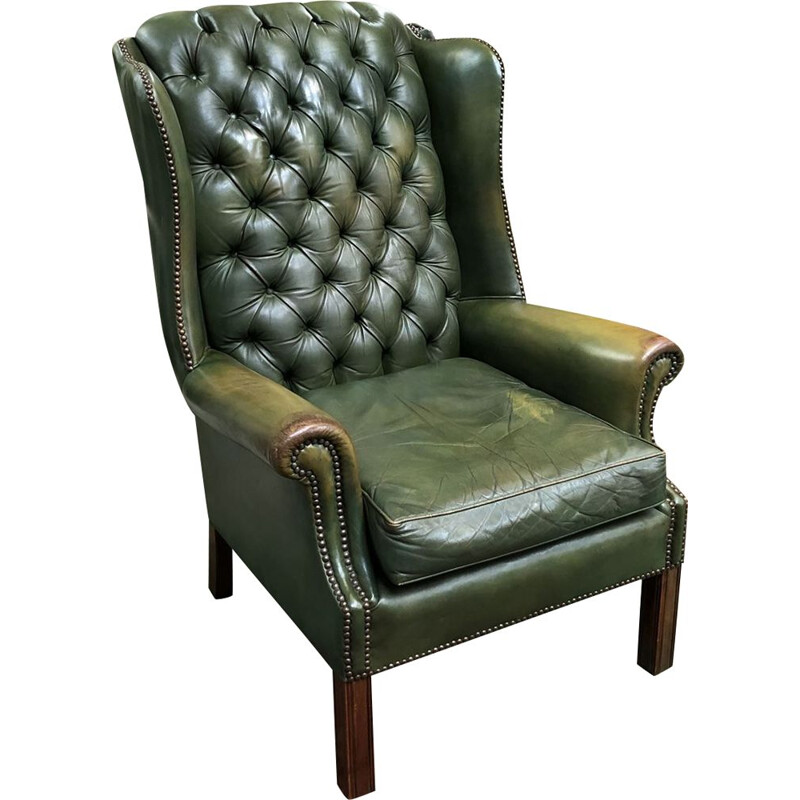 Vintage Chesterfield armchair in green leather and wood 1970