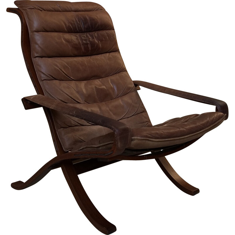 Brown leather and wooden armchair, Ingmar RELLING - 1960s
