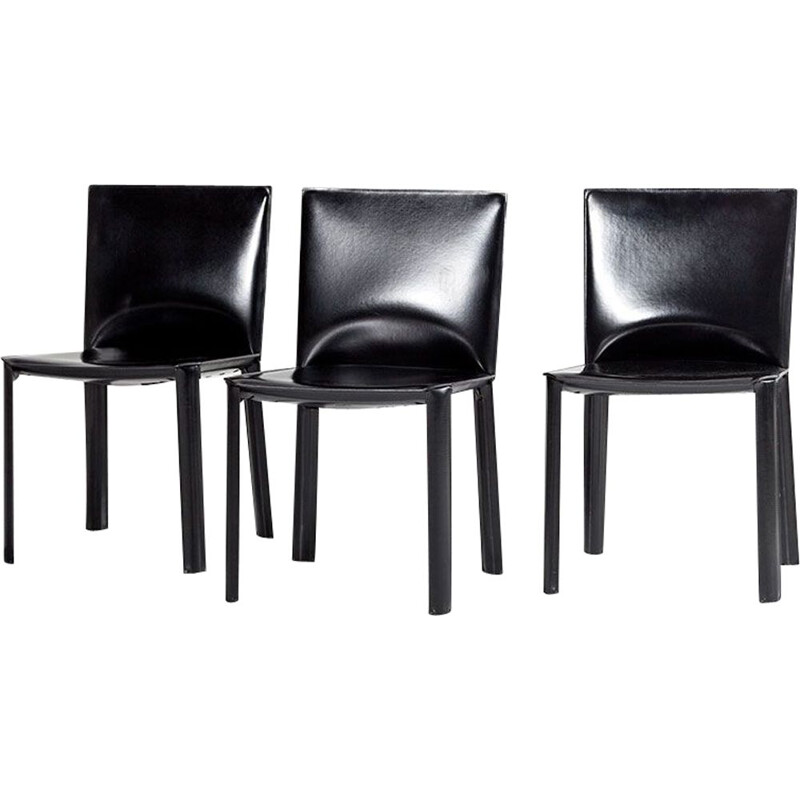 3 cadeiras de jantar de couro preto De Couro, 1980