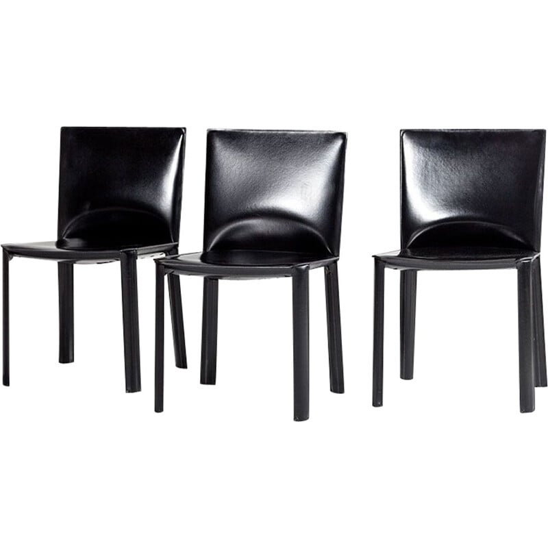 3 sillas de comedor de cuero negro De Couro, 1980