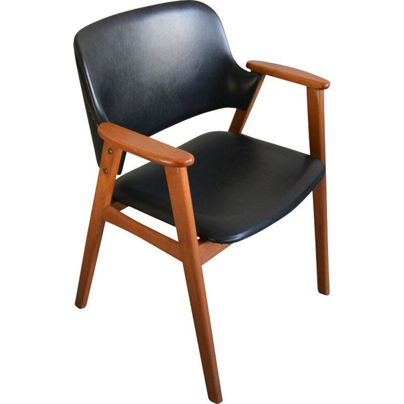 Fauteuil de bureau en bois et simili cuir noir - 1960