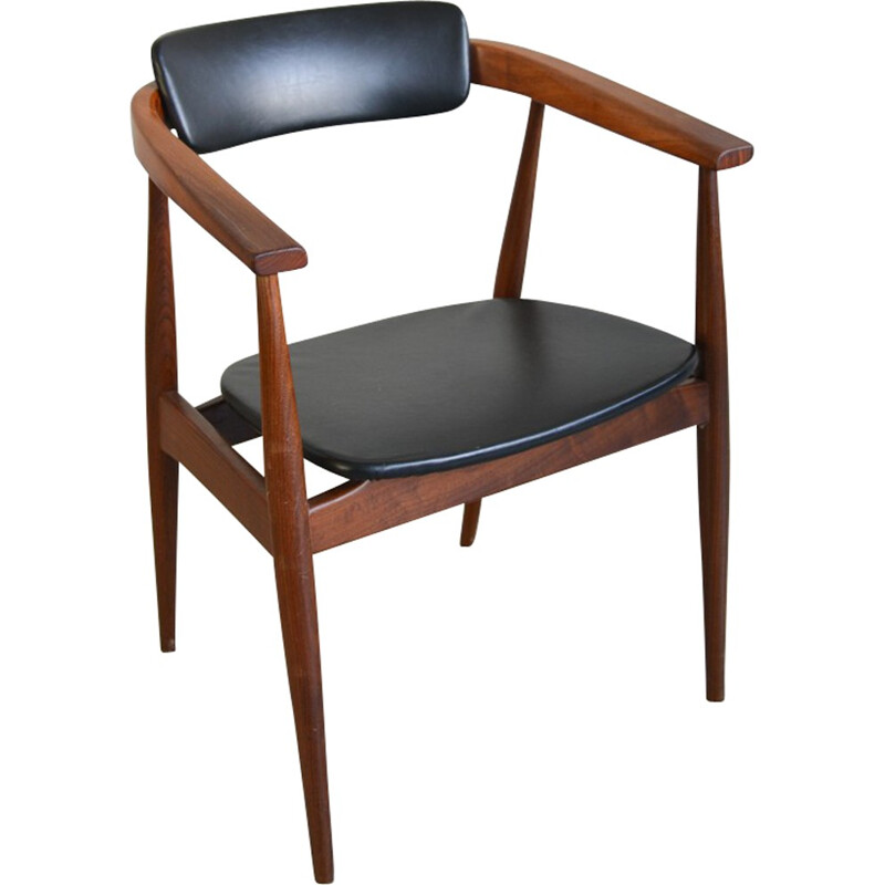 Desk chair in black leatherette and teak - 1960s