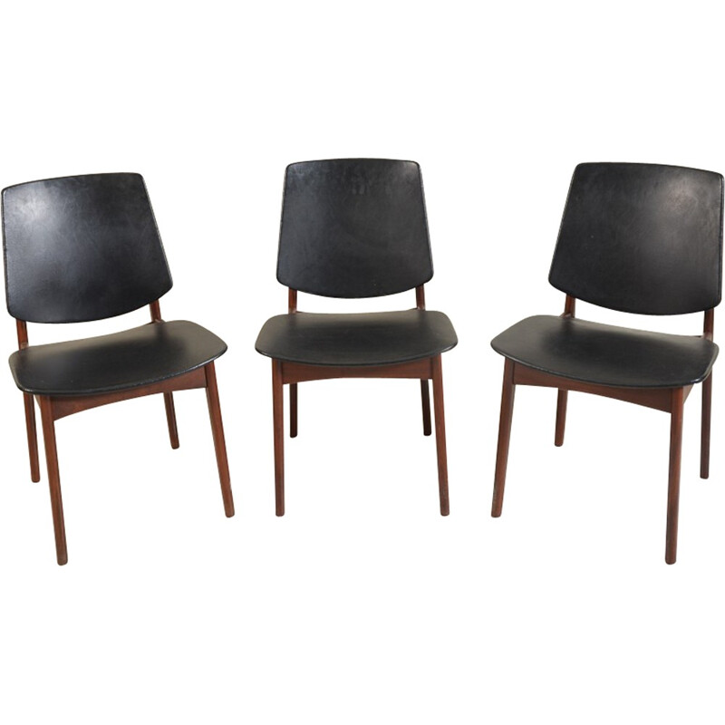 Set of 3 chairs in rosewood and leather, HOVMAND OLSEN - 1950s