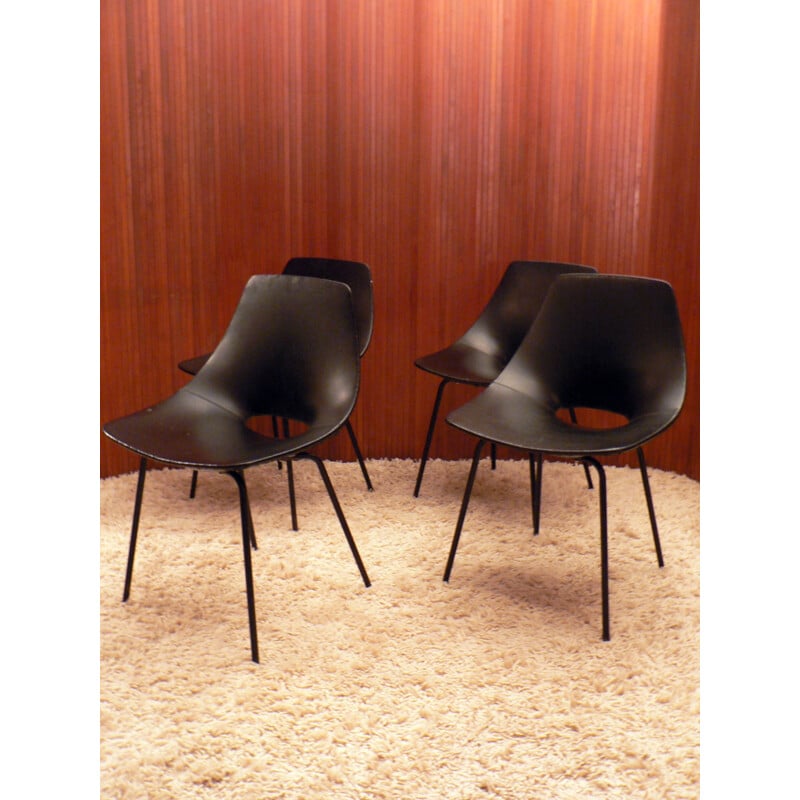 Set of 4 Tonneau chair in wood, metal and leatherette, Pierre GUARICHE - 1954