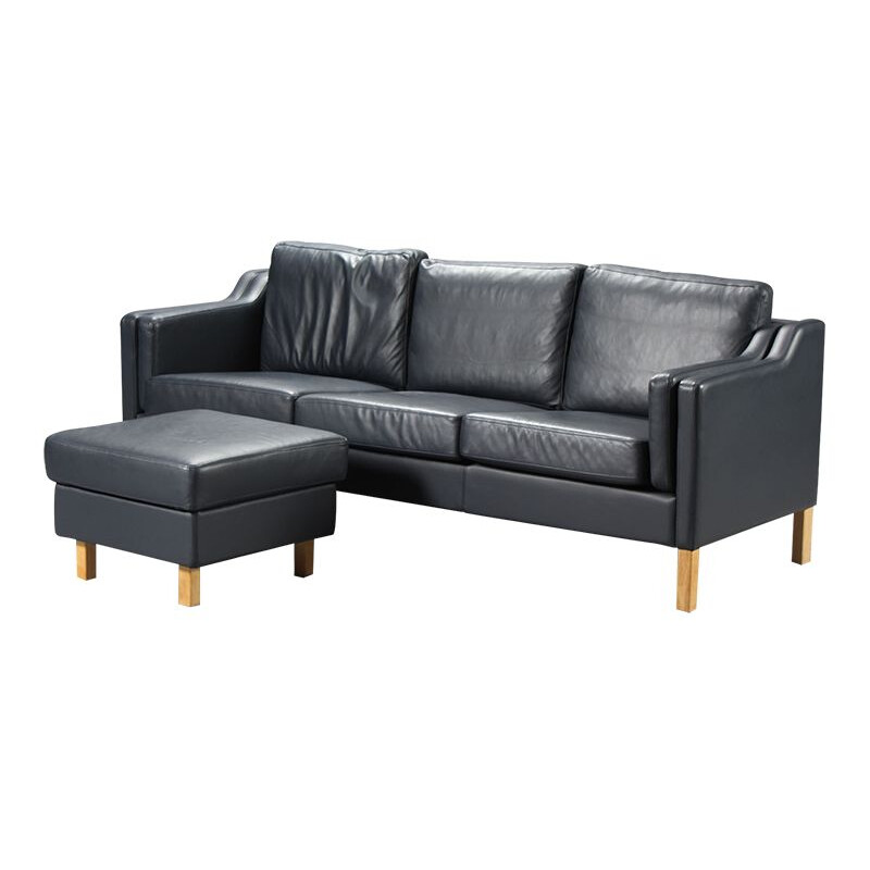 Canapé vintage en cuir noir 3 places et pouf Ryesberg møbler
