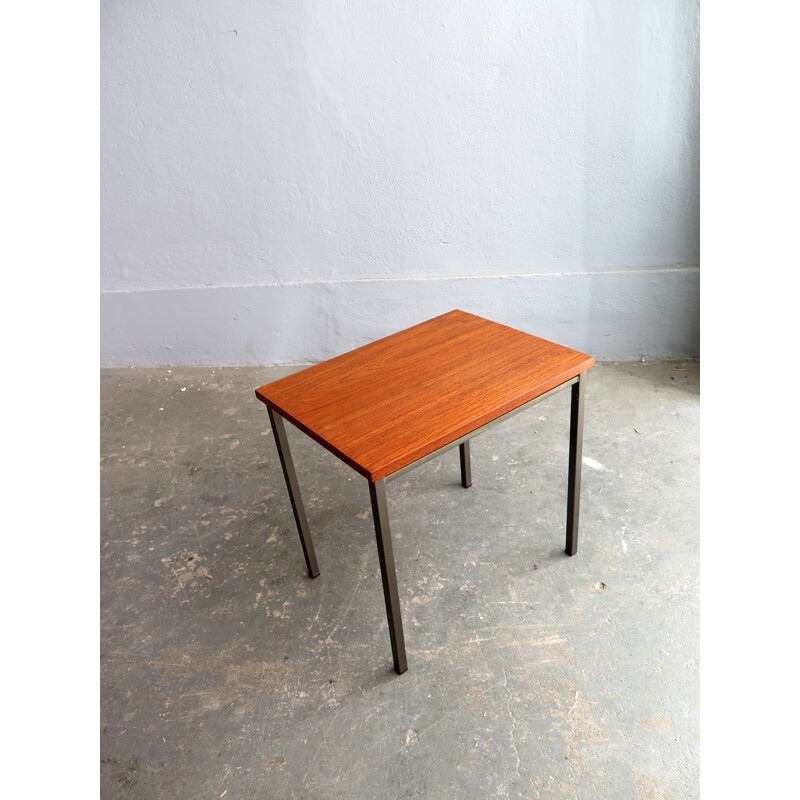 Vintage teak top in a grey lacquered metal base side table