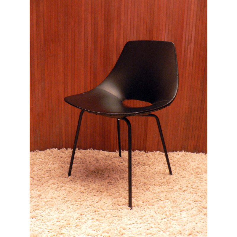 Set of 4 Tonneau chair in wood, metal and leatherette, Pierre GUARICHE - 1954