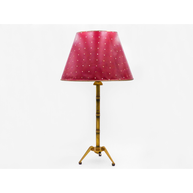Lampada da tavolo vintage a treppiede in ottone dorato e rosso