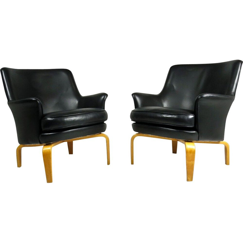 Pair of vintage black leather armchairs by Arne Norell,Sweden,1960