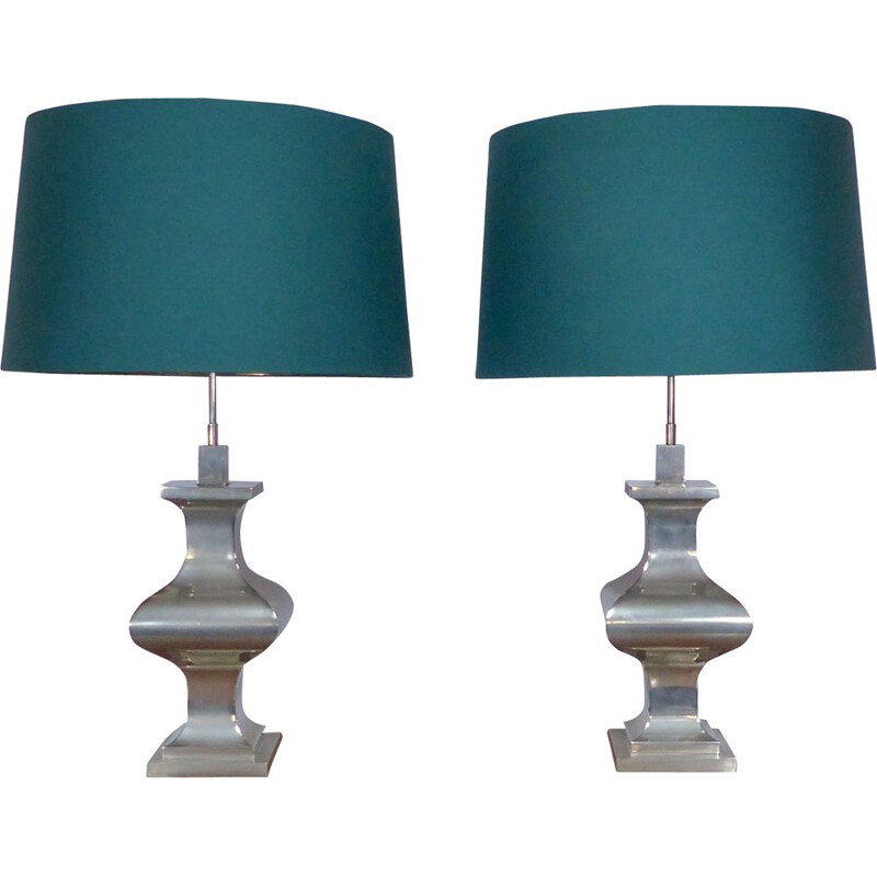 Pair of vintage neoclassical silver plated lamps, 1970