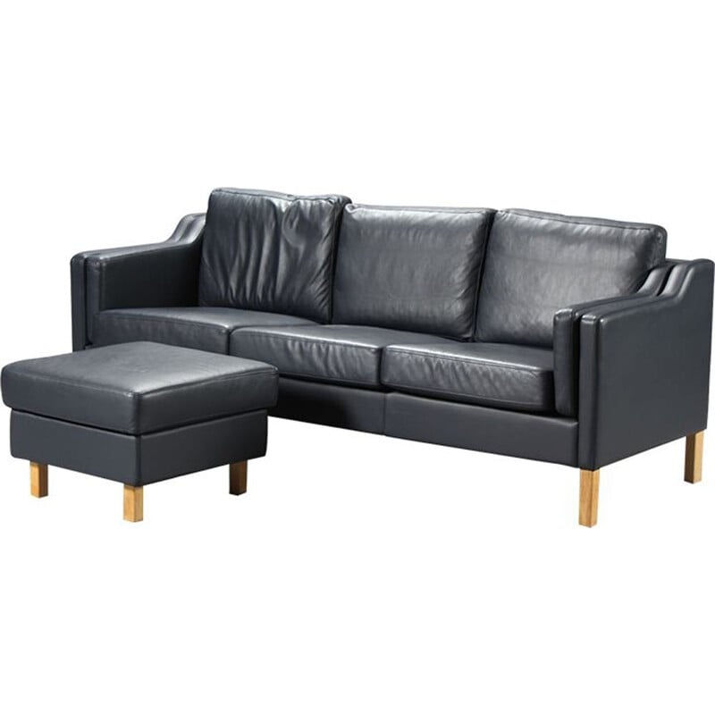 Canapé vintage en cuir noir 3 places et pouf Ryesberg møbler