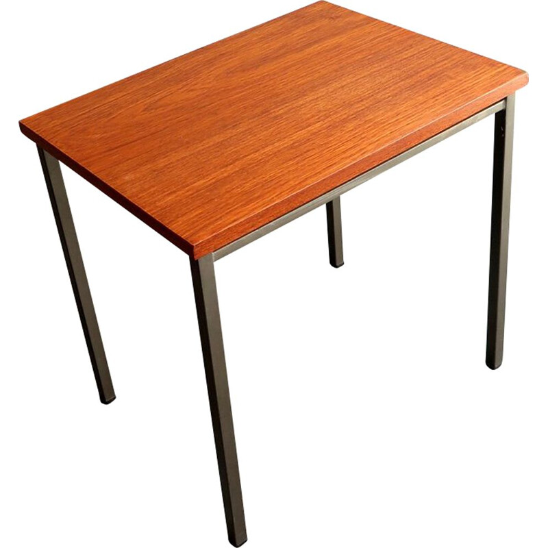 Vintage teak top in a grey lacquered metal base side table
