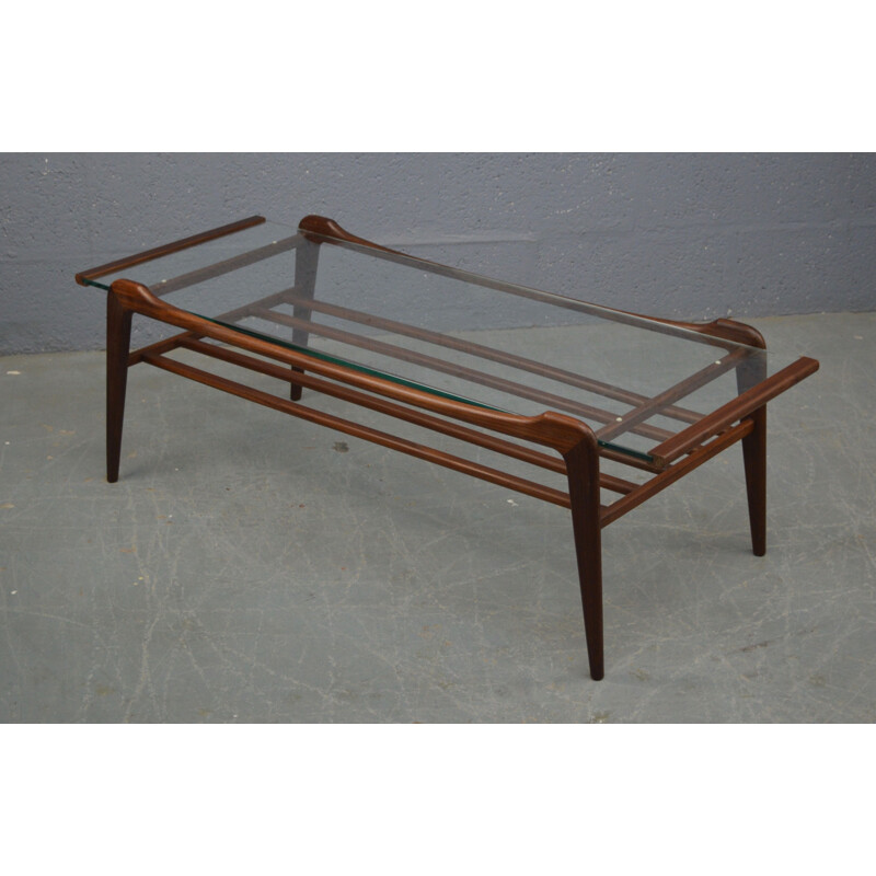Table basse vintage en bois et verre,1960