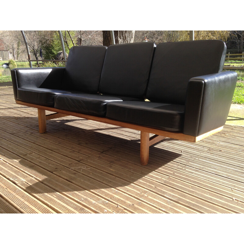 Vintage H.J. Wegner sofa 3-seater in leather and oak,1960