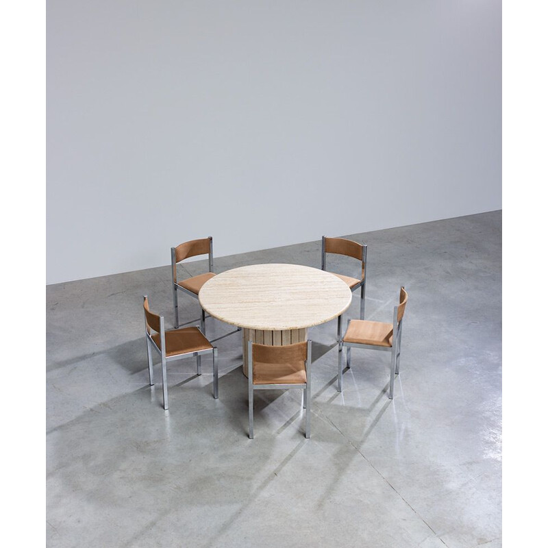 Table ronde modernisme architectural en travertin 1970s