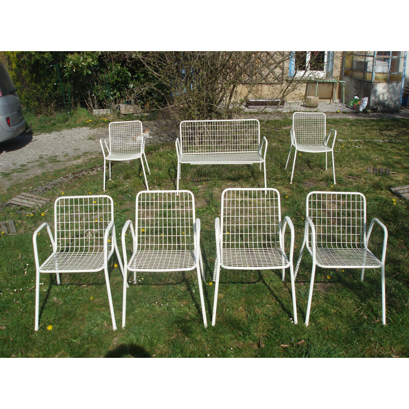 Set of 6 vintage chairs and 1 bench Emu model Rio