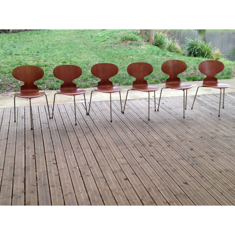 Ensemble de 6 chaises vintage tripode Arne Jacobsen par Fritz Hansen