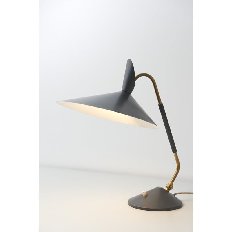 Lampe de bureau vintage en laiton avec abat-jour gris années 1950