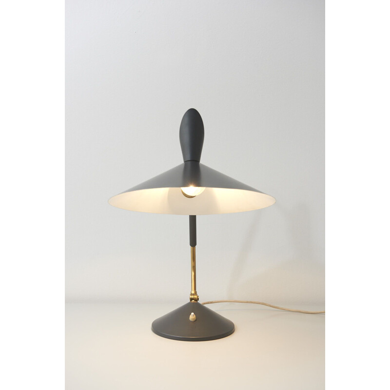 Lampe de bureau vintage en laiton avec abat-jour gris années 1950