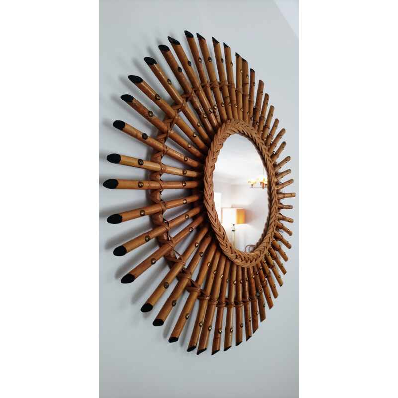 Vintage Sun mirror in rattan and bamboo