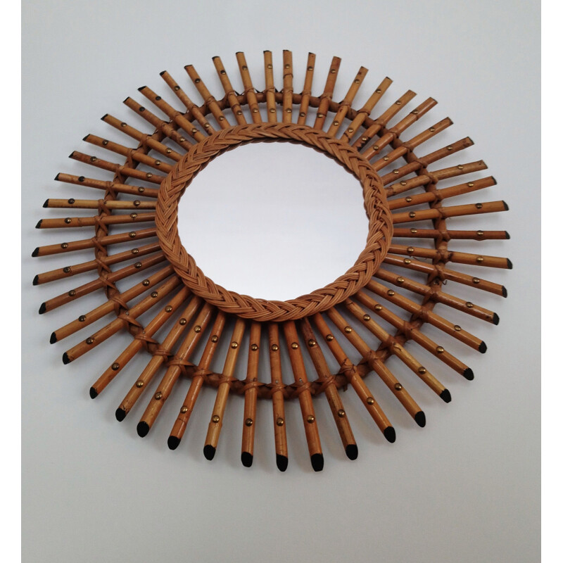 Vintage Sun mirror in rattan and bamboo