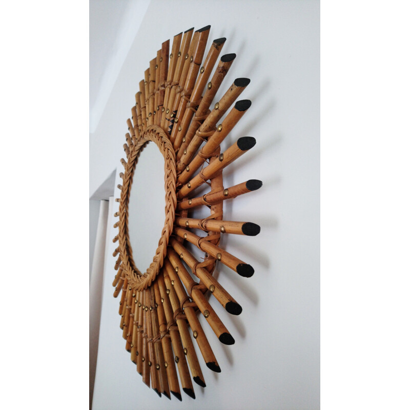 Vintage Sun mirror in rattan and bamboo