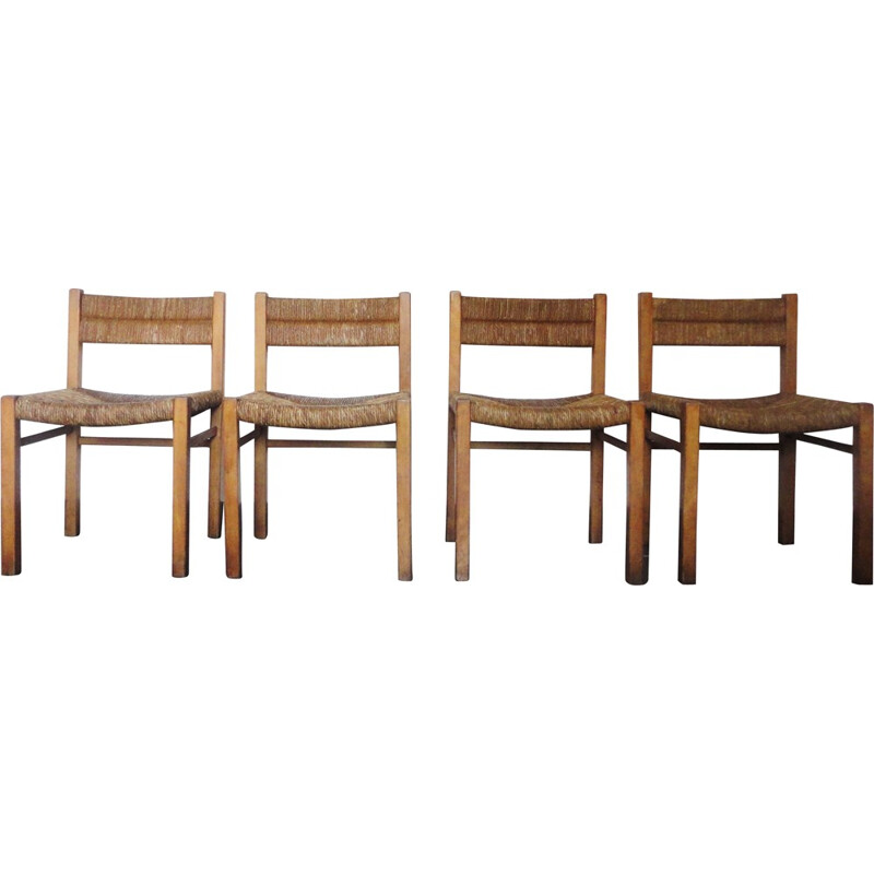 Ensemble de 4 chaises en pin et paille, Pierre GAUTIER-DELAYE - 1954