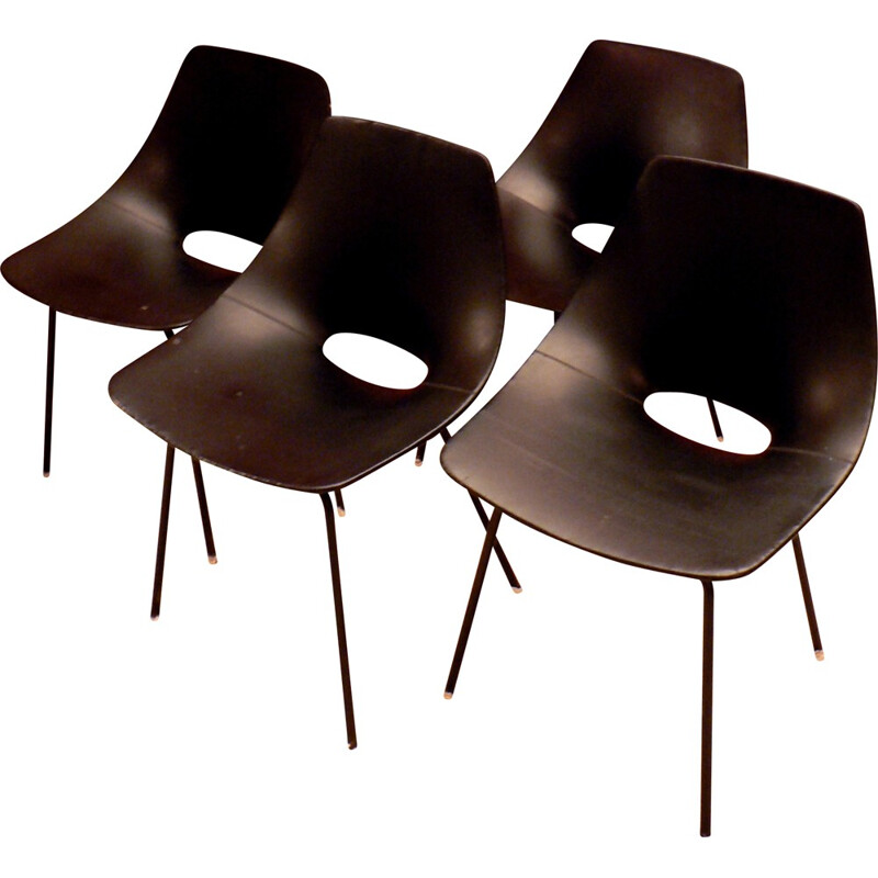 Set of 4 Tonneau chair in wood, metal and leatherette, Pierre GUARICHE - 1954